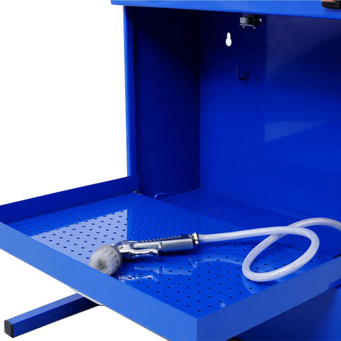 Inside view of Rugged Bench Parts Cleaner With 14L Tank Capacity And 120V High Flow Pump showing perforated tray and sprayer.