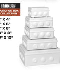 Stack of various sized junction boxes, showcasing Iron Forge Cable collection, with dimensions from 6x4 to 12x10 inches visible.