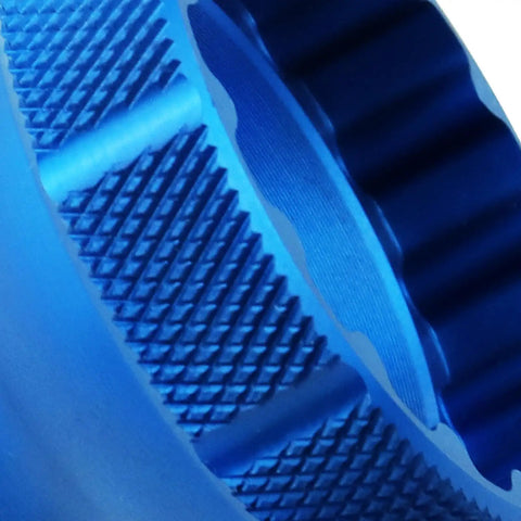 Close-up of BBT 69.2 16 Notch 44mm Bottom Bracket Tool CNC aluminum anodized finish showing detail of notches and knurled grip.