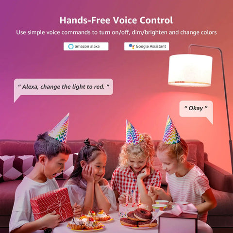 Children celebrating a birthday in a room lit by Smart LED Color Changing Bulbs With Alexa And Google Assistant, mood lighting.