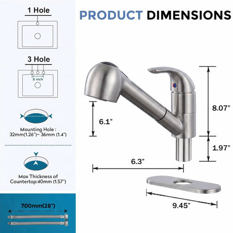 Solid Build Kitchen Faucet With Pull Out Sprayer Lead Free Stainless Steel Sink Mixer dimensions showing height and width.