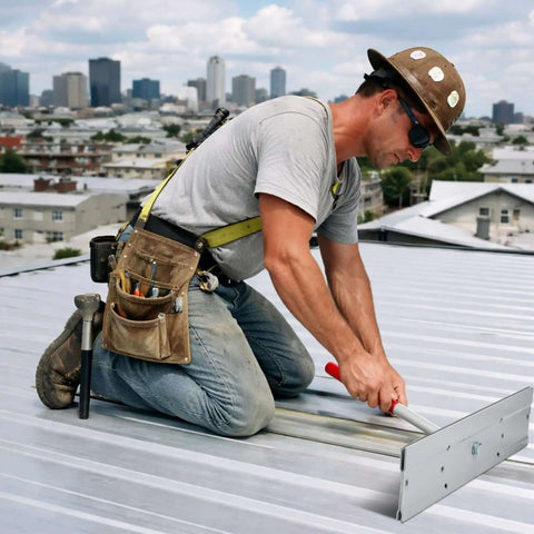Worker using 15 Inch Sheet Metal Bender Tool For HVAC Ductwork And Standing Seam Roofing Panels on rooftop