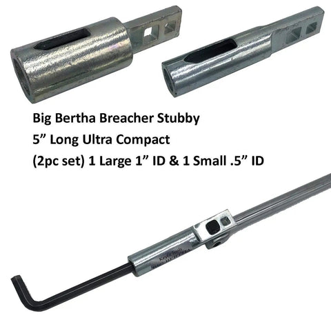 Big Bertha Breacher Stubby Super Leverage Breaker Bar One Half Inch ID And One Inch ID Wrench Extender Set shown with wrench