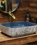 USZWBY Vessel Sinks Bathroom Vessel Sink Chinese Style Ceramic Washbasin Rectangular Countertop with Faucet Bathroom Bowl Sink, blue interior, floral design.
