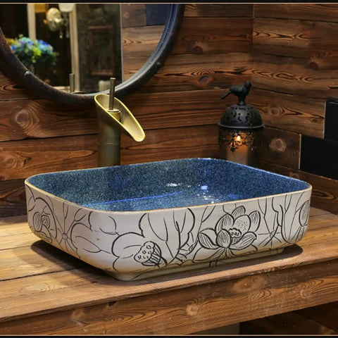 USZWBY Vessel Sinks Bathroom Vessel Sink Chinese Style Ceramic Washbasin Rectangular Countertop with Faucet Bathroom Bowl Sink, blue interior, floral design.