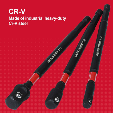 Close-up of three black and red impact socket adapters made from industrial heavy-duty Cr-V steel, labeled GenXRun 1/2, 3/8, 1/4.