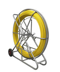Heavy Duty 12mm Fiberglass Fish Tape With Reinforced Steel Core Non Conductive Cable Puller And Conduit Rodder on a wheeled metal reel.