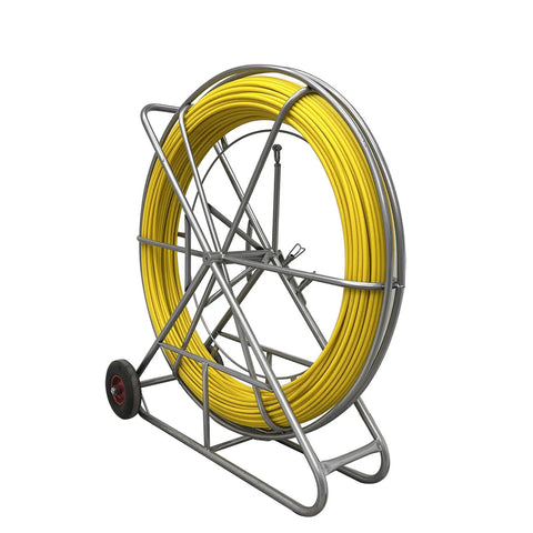 Heavy Duty 12mm Fiberglass Fish Tape With Reinforced Steel Core Non Conductive Cable Puller And Conduit Rodder on a wheeled metal reel.