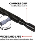 No Sweat Door Hinge Pin Remover And Install Set With Heavy Duty Steel Face Hammer, showing comfort grip and steel hammer design.