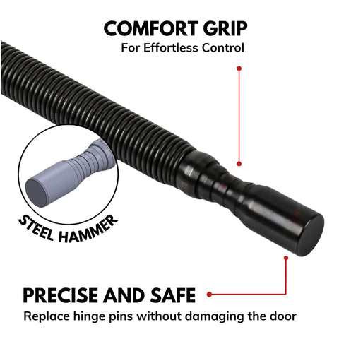 No Sweat Door Hinge Pin Remover And Install Set With Heavy Duty Steel Face Hammer, showing comfort grip and steel hammer design.