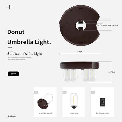 Diagram of Donut Design Patio Umbrella Light With LED Edison Bulbs Cordless Battery Powered Pole Light showing dimensions and parts.
