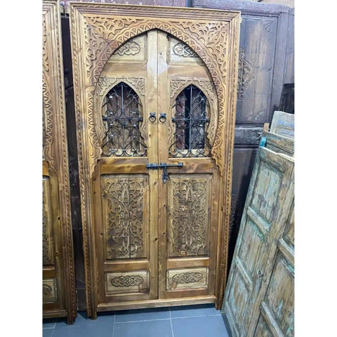 Hand Carved Barn Door With Wrought Iron Window Brown Finish Custom Size Double Sliding Or Hinged Interior Exterior Front Door Boss Look For Any Space Made To Order