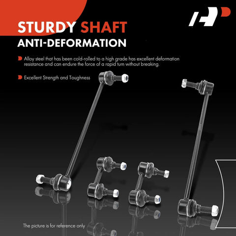 Beefed Up Set Of Four Front And Rear Sway Bar End Links Kit Stabilizer Links For Nissan Altima 2013 Through 2018 And Maxima 2016 Through 2018 Replacement Upgrade, featuring sturdy steel shaft for anti-deformation, displayed with multiple link sizes.
