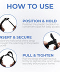 Instructions on using reusable cinch straps 1 inch by 12 inch, showing steps to position buckle, insert strap, pull and tighten.