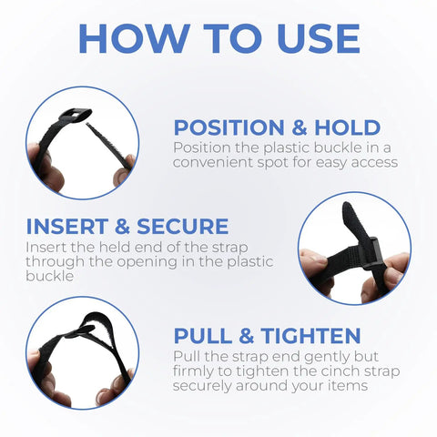 Instructions on using reusable cinch straps 1 inch by 12 inch, showing steps to position buckle, insert strap, pull and tighten.