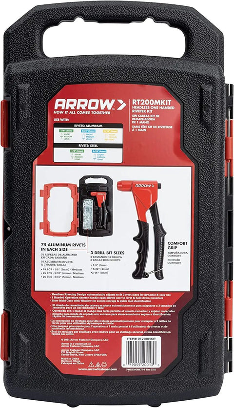 Headless One Handed Rivet Tool Kit For Metal Fabric Leather And Auto Repair Manual Riveter Set with case and details