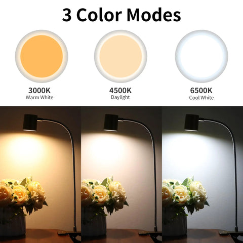 USB Clip Desk Lamp With 360 Gooseneck Reading Light For Home Office, showing 3 color modes: 3000K, 4500K, 6500K lighting settings.
