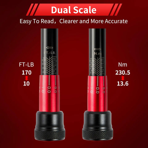 Close-up of Half Inch Drive Click Torque Wrench for Bike Maintenance Dual Direction 10 to 170 ft lb and 13.6 to 230.5 Nm with dual scale readings.