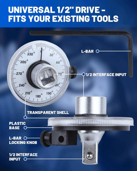 Half Inch Torque Wrench With Angle Gauge And Rotary Zero Return, Adjustable Arm With Dual Length For Cars, Trucks And Heavy Machinery, Precision Torque To Angle Measurement For Tightening Cylinder Heads And Fasteners with 1/2 drive