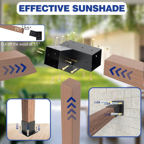 Beefed Up Three Way 15 Degree Slanted Roof Pergola Bracket Set For Backyard Gazebo Powder Coated Wall Mount Brackets Fit 4x4 Posts Actual 3.5x3.5 Hardware Kit Six Pieces Black
