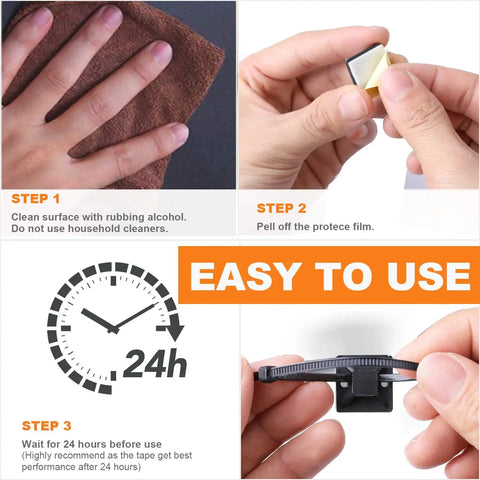 Step-by-step installation guide for the All-In-One Zip Tie Adhesive Mount Kit With 140 Pack Three Quarter Inch Cable Ties