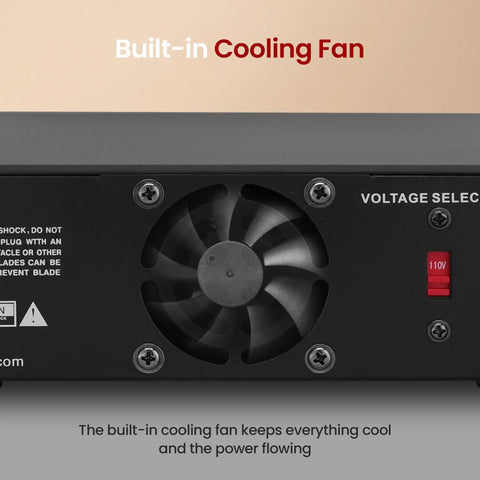 Back view showing cooling fan of Powerful Bench Power Supply For Home Lab 30 Amp Regulated AC To DC Converter With 13.8 Volt DC Output.