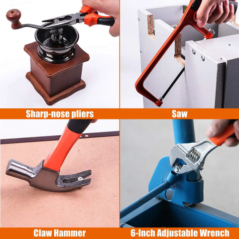 All In One Power Tools Kit with sharp-nose pliers, saw, claw hammer, and wrench for DIY repairs, drilling, and storage.