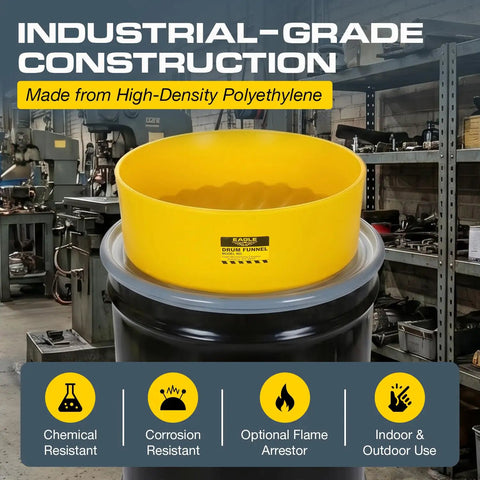 Yellow Pro Grade Spill Reducing Drum Transfer Funnel for 30 and 55 Gallon Drums in workshop.