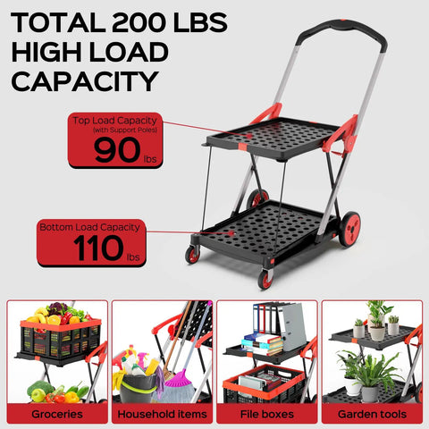 Collapsible Shopping Cart With Wheels 200 Lb Capacity showing 90 lb top and 110 lb bottom load capacity, red hand truck design.
