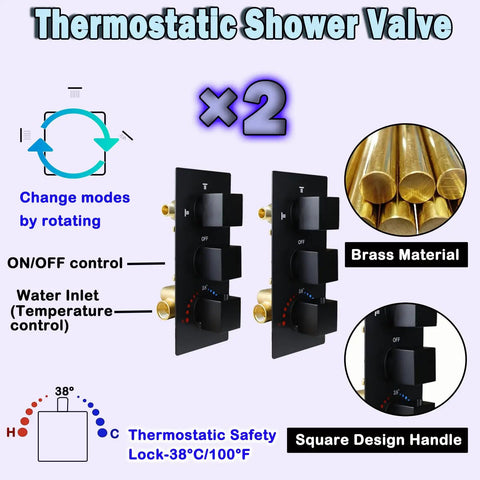 WHSHOWER Matte Black Thermostatic Shower System with Body Jets Shower Set shown with dual brass thermostatic shower valves.