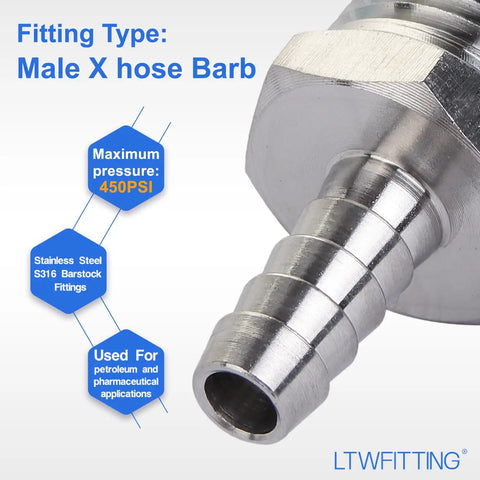 Heavy Duty Stainless Steel 316 Hose Barb Connector With 5/16 Hose Size And 1/2 Male Npt Thread Built Tough For Hardcore Plumbing Jobs, showing details and fitting type.