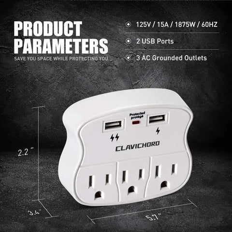 Surge Protector Wall Mount with 3 Outlets and 2 USB Ports, Compact Power Strip for Home Office School displayed on a dark surface.