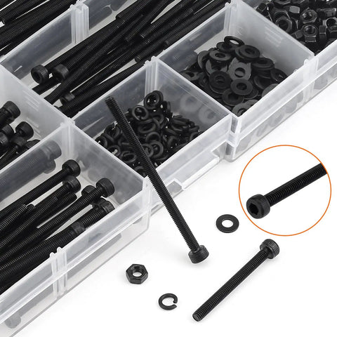 M3 Hex Socket Head Cap Screws Set With Nuts And Washers, 400 Piece Kit In 5 Lengths in plastic organizer