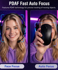 PDAF Fast Auto Focus feature showcased with a girl in a headset and a hand holding a mouse for the Straight Fire 4K Webcam For PC.