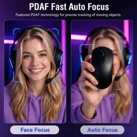 PDAF Fast Auto Focus feature showcased with a girl in a headset and a hand holding a mouse for the Straight Fire 4K Webcam For PC.
