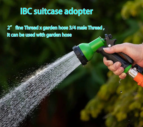 Durable 250 Gallon IBC Tote Water Hose Adapter With 2 Inch Fine Thread To Three Quarter Inch Male Garden Hose Fittings IBC Drain Adapter For Easy Water Transfer And Garden Setup, green 2in plastic adapter on garden hose spraying water