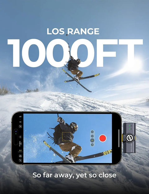 Skier recorded on phone screen using Lark M2 Wireless Lavalier Microphone for iPhone, Android, Camera and PC, 1000ft range.