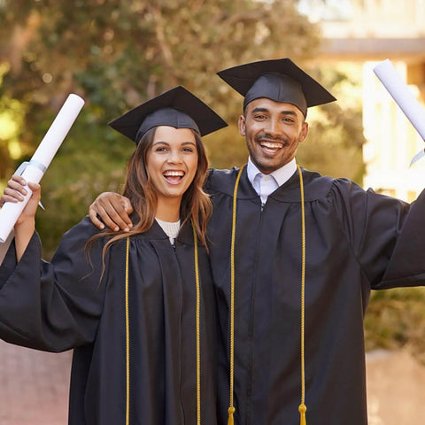 Graduates wearing 67 Inch Gold Graduation Honor Cord With Tassels, Double Braided Academic Rope For Bachelor, Master And Doctoral Gowns.