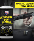 Front view of a plastic Ultrasonic Gun Cleaner bottle (32 oz) with black label and yellow text; gun parts in background.
