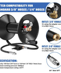 Beefy Heavy Duty Pressure Washer Hose Reel For Outdoor Use, 100 Ft By 3/8 Inch And 130 Ft By 1/4 Inch Dual Hose Reel, 4000 PSI Steel Hand Crank Reel With M22-14 Fitting, Wall Trailer Van Mount, Manual Water Reel featuring fittings and specifications.
