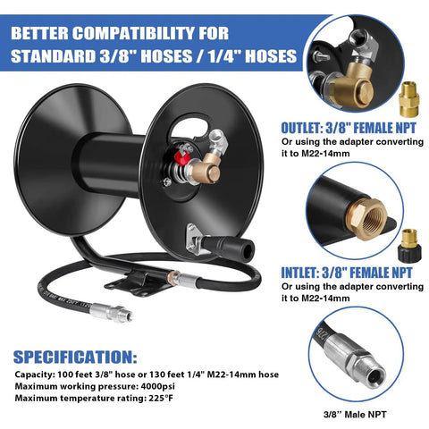 Beefy Heavy Duty Pressure Washer Hose Reel For Outdoor Use, 100 Ft By 3/8 Inch And 130 Ft By 1/4 Inch Dual Hose Reel, 4000 PSI Steel Hand Crank Reel With M22-14 Fitting, Wall Trailer Van Mount, Manual Water Reel featuring fittings and specifications.