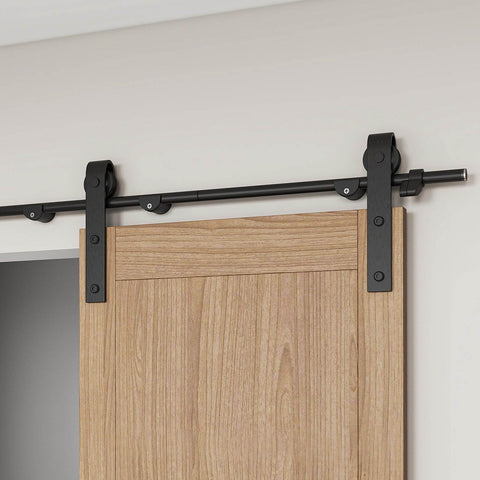 6.6ft Sliding Barn Door Hardware Kit With Heavy Duty Steel Rollers And Flat Tracks, Supports Up To 220 Lbs, Installed View