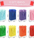 4 Pack Gift Bags With Handles 8 X 5 X 10 Inch Includes 8 Tissue Paper Color Combo Pink Purple Deep Blue Sky Blue Perfect For Birthday Parties Baby Showers Weddings Mothers Day Fathers Day Favors, showing colorful bags with handles and tissue paper.