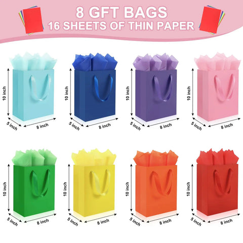 4 Pack Gift Bags With Handles 8 X 5 X 10 Inch Includes 8 Tissue Paper Color Combo Pink Purple Deep Blue Sky Blue Perfect For Birthday Parties Baby Showers Weddings Mothers Day Fathers Day Favors, showing colorful bags with handles and tissue paper.