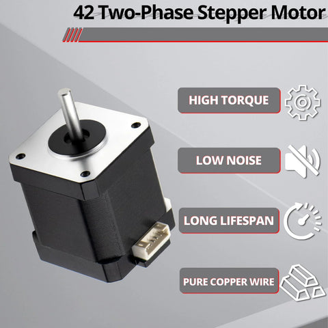 Front view: NEMA 17 two-phase stepper motor with 42 mm body, black housing and 4-pin connector