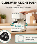 Say Adios To Heavy Lifting With These Hassle Free Self Adhesive Appliance Sliders Featuring 360 Degree Swivel Caster Wheels For Kitchen And Home. Self-adhesive sliders under coffee maker, showing 360-degree glide feature.