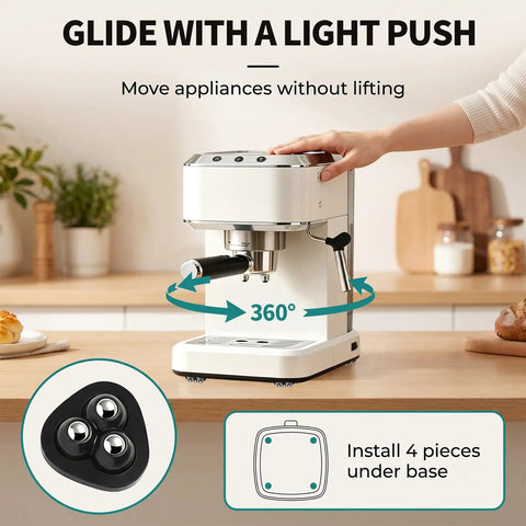 Say Adios To Heavy Lifting With These Hassle Free Self Adhesive Appliance Sliders Featuring 360 Degree Swivel Caster Wheels For Kitchen And Home. Self-adhesive sliders under coffee maker, showing 360-degree glide feature.