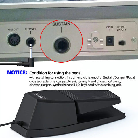 Grippy Sustain Pedal With Polarity Switch For Electronic Keyboards Digital Pianos And MIDI Keyboards Upgraded Grounding Surface With Extra Non Slip Pads For Stable Realistic Pedaling connected to device.