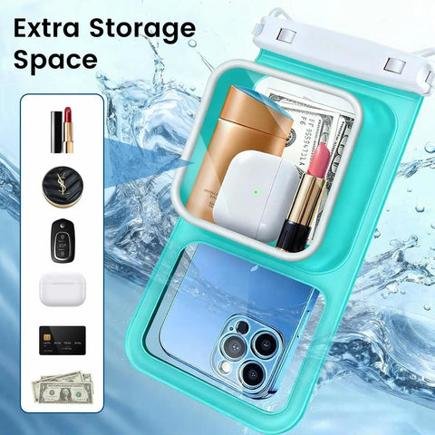 2 Pack IPX8 Waterproof Phone Pouches with lanyards showing floating dry bags with large storage space and smartphone inside.