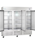 Top Shelf Heavy Duty Commercial Reach In Freezer With Three Solid Swing Doors And Rust Proof Stainless Steel Build Keeping Your Backroom Stock Chillin Smooth For Grocers Neighborhood Delis And Quick Stops 66 Cubic Feet 115 Volt Setup with open doors.